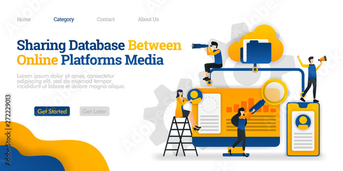 Sharing Database Between Online Media Platforms. access files from through many platforms. Vector flat illustration concept, can use for, landing page, template, web, homepage, poster, banner, flyer