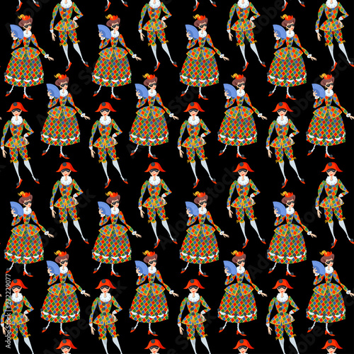 Harlequin and Columbina. Characters of Italian commedia dell’arte..Seamless background pattern.