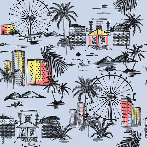 Summer mood with beach vibes palm trees and mountain Seamless pattern with hand drawn doodle city Vector illustration of urban vacation , design for card, posters, textile prints, covers,