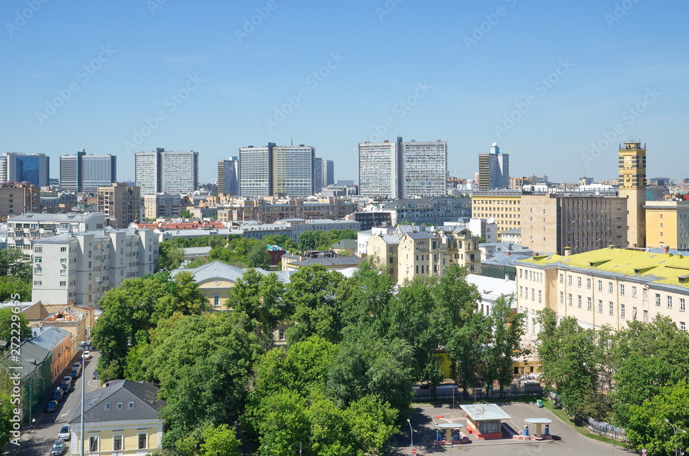 Moscow, Russia - June 4, 2019: Summer view towards Novy Arbat street from the observation deck of the Cathedral of Christ the Saviour Moscow, Russia - June 4, 2019: Summer view towards Novy Arbat street from the observation deck of the Cathedral of Christ the Saviour