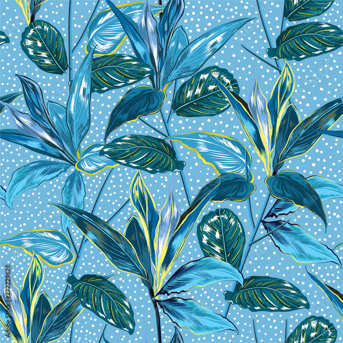 Wild tropical botanic pattern with white polka dots  Exotic Planats Motifs .Seamless vector texture. For fashion prints. Printing with in hand drawn style