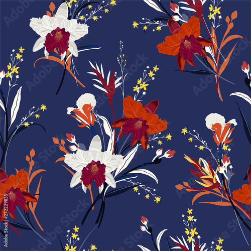 Beautiful Bouquet of orchid flower seamless pattern in hand drawn vector wild garden background, design for fashion,fabric,web,wallpaper and all prints