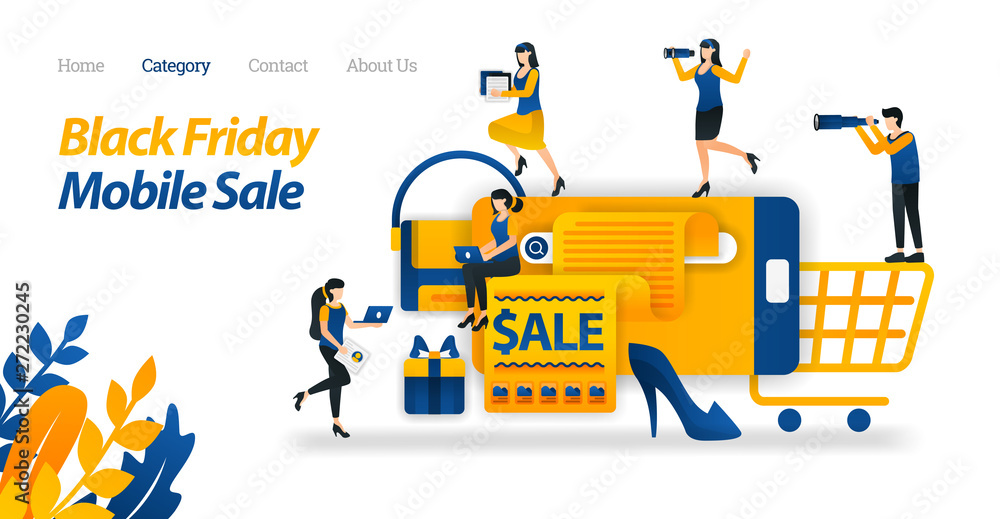 Shop for Black Friday Siscounts on Mobile, Search and Find Various Black Friday Sale on Internet. Vector Illustration. Flat Icon Style Suitable for Web Landing Page, Banner, Flyer, Sticker, Wallpaper