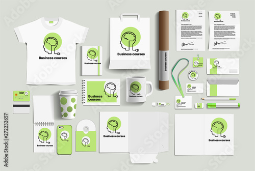 Corporate identity of the business courses company. Stock vector mockup set. Template design elements business courses company. Illustration of a set of design templates for business courses company