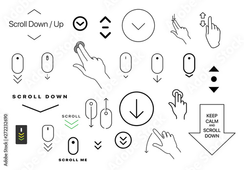 Modern linear pictogram of scroll down. Set of concept line icons scroll down. Icons of scroll down. Scroll down up computer mouse icon. Set of scrolling icons for a website, web design, mobile apps photo