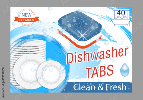 Dishwasher detergent tabs. Realistic illustration with plates in water splash and bubbles. Dish wash advertisement poster layout. Vector