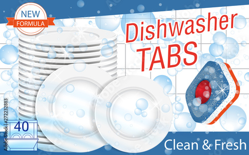 Dishwasher detergent tabs. Package design realistic illustration with plates in bubbles. Dish wash advertisement poster layout. Vector