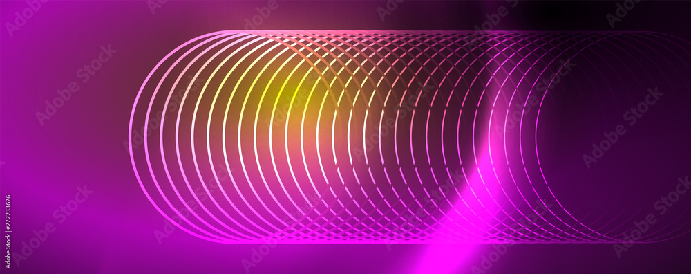 Bright neon circles and wave lines, glowing shiny background design template, digital techno concept. Bright neon circles and wave lines, glowing shiny background design template, digital techno concept.