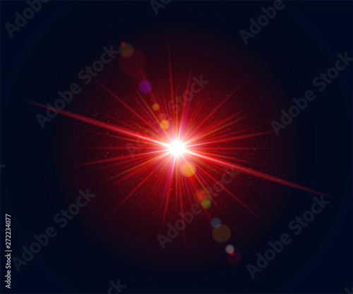 Glowing lens flare. Beautiful glare effect with bokeh, glitter particles and rays. Sparkling red light effects of flash with colorful twinkle. Shining abstract background. Vector illustration.