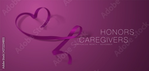 Honors Caregivers. National Family Caregivers Month. Calligraphy Poster Design. A Plum Ribbon brings awareness to Cancer Caregivers. November is Caregiver Awareness Month. Vector Illustration