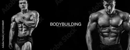 Sport wallpaper and motivation concept. Strong athletic bodybuilder at gym on black background. Fitness and bodybuilding nutrition ad poster.