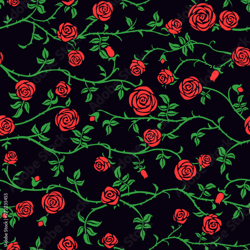 Red rose floral seamless pattern with climbing curly flower, green leaf and thorn. Cute beautiful black dark background, vector. Gothic, old garden, romantic fairy style. Elegant hand drawn texture