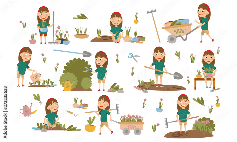 Set Girl with hair decoration gardening plants, weed beds, watering seedlings, pruning bushes and trees, working in the garden. People and garden tools. Vector illustration