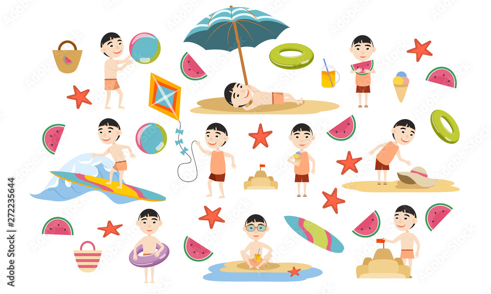 Set Asian boy in various poses in summer clothes and swimsuits on the beach. Summer holidays. Beach rest, games and surfing. Vector illustration