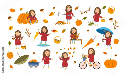 Set girl with long brown hair in an autumn jacket plays with leaves, launches a paper boat, rides a bicycle, carries pumpkins and has fun in the fall. Cute Vector Illustration