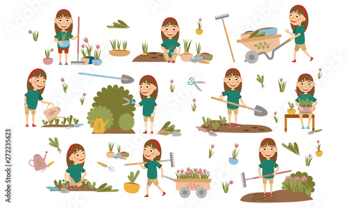 Set Girl with hair decoration gardening plants, weed beds, watering seedlings, pruning bushes and trees, working in the garden. People and garden tools. Vector illustration © AnnstasAg