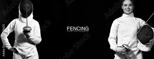 Young fencer athlete wearing fencing costume holding epee and mask. Black background with copy space. photo