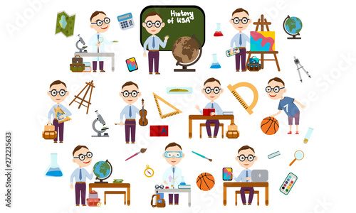 Set boy with glasses. Student in different lessons: science, history, sports, art, maths, English, information technology, music. Conducting experiments. Cute Vector Illustration