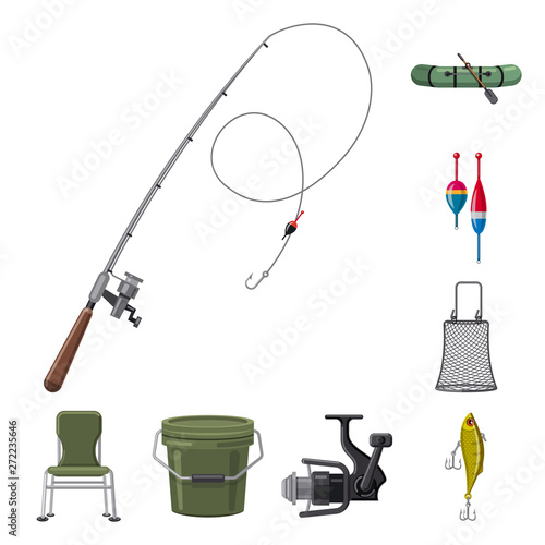 Vector design of fish and fishing sign. Set of fish and equipment stock symbol for web.