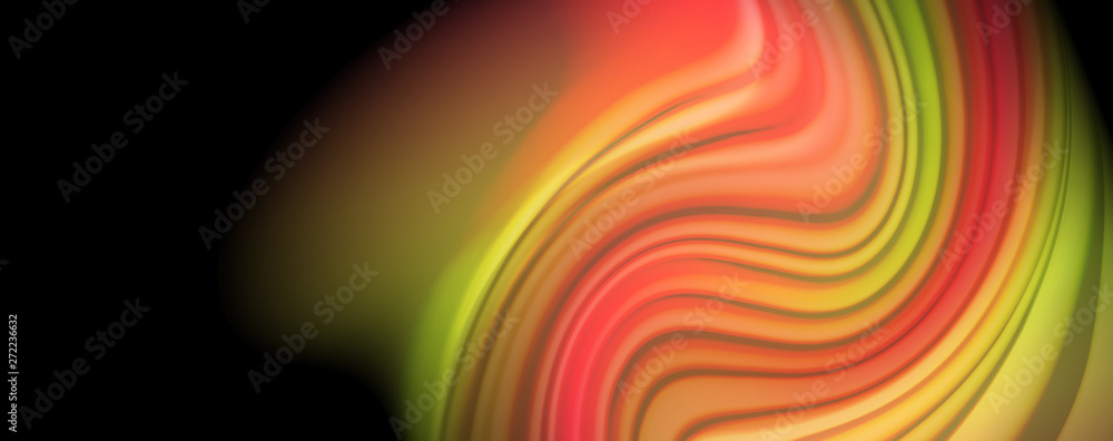 Obraz premium Modern rainbow liquid color flow colorful poster. Wave Liquid shape in black color background. Abstract composition