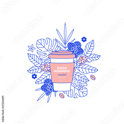 Coffee cup with exotic plants and leaves. Take away design template. Flat graphic. Vector illustration