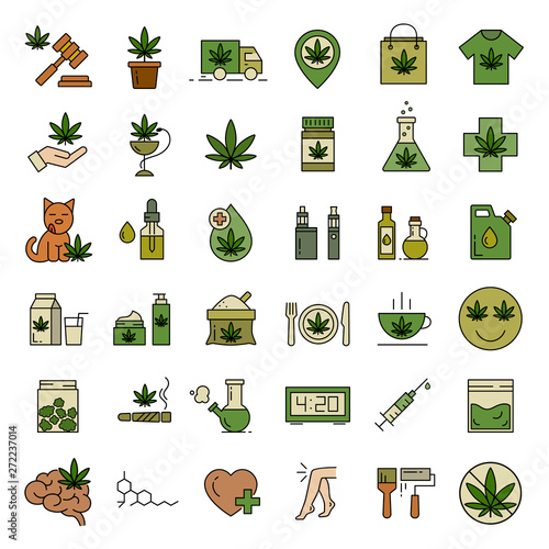 Cannabis icons. Set of medical marijuana icons. Drug consumption. Marijuana Legalization. Isolated vector illustration on white background.
