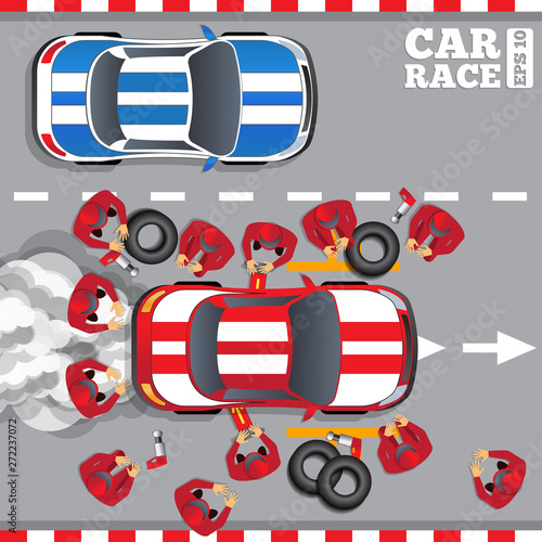 Maintenance of a racing car. View from above. Vector illustration.