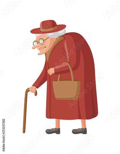 Old lady in a coat and hat. Senior woman with glasses, cane and bag. Vector illustration, isolated on white background