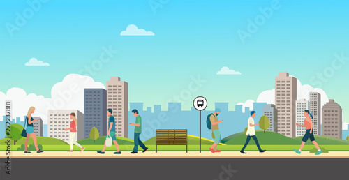 People with public park in city.Beautiful scene park and man walking.People leisure activities in park.Lifestyle  relaxed in town vector illustration