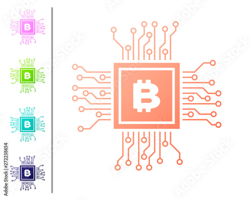 Coral CPU mining farm icon isolated on white background. Bitcoin sign inside processor. Cryptocurrency mining community. Digital money. Set color icons. Vector Illustration