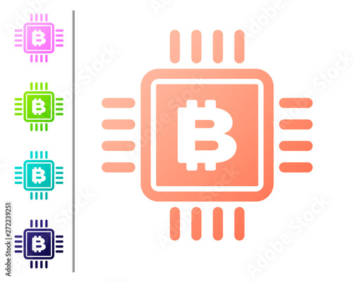 Coral CPU mining farm icon isolated on white background. Bitcoin sign inside microchip. Cryptocurrency mining community. Digital money. Set color icons. Vector Illustration