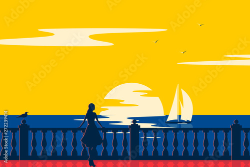 Woman on the promenade on the seashore looks at the sailboat. Nature landscape and seascape. Vintage retro poster.