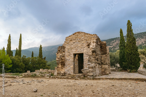 Byzantine monastery at Kesariani aesthetic forest on mountain Hymettus (Ymittos) photo