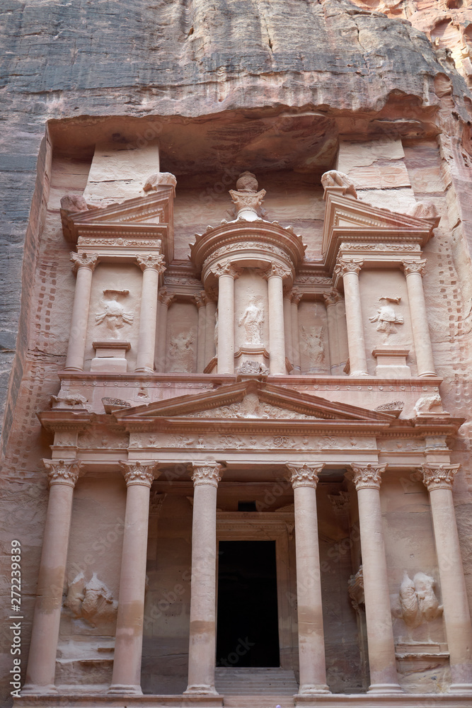 Facade of the Al-Khazneh in Petra in Jordan. It is the treasury and one of the most elaborate temples in the ancient Arab Nabataean Kingdom.