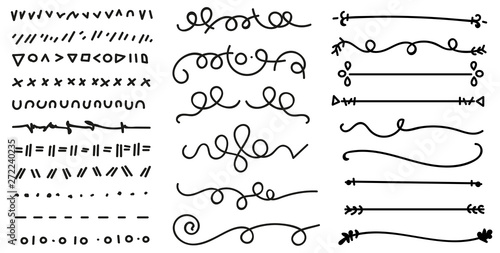 Hand drawn set of lines.Marker line divider, handmade pencil strokes brush and drawing dividers.Curve frame, decoration borders or floral ornament ink dividing isolated elements.Vector illustration. 