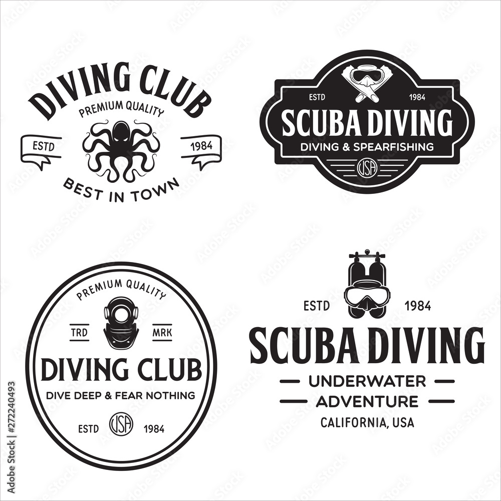 Fototapeta premium Set of Scuba diving club and diving school design. Concept for shirt or logo, print, stamp or tee. Vintage typography design with diving gear silhouette