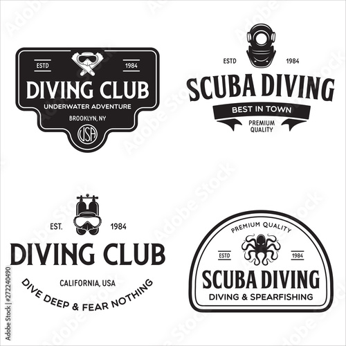 Set of Scuba diving club and diving school design. Concept for shirt or logo, print, stamp or tee. Vintage typography design with diving gear silhouette