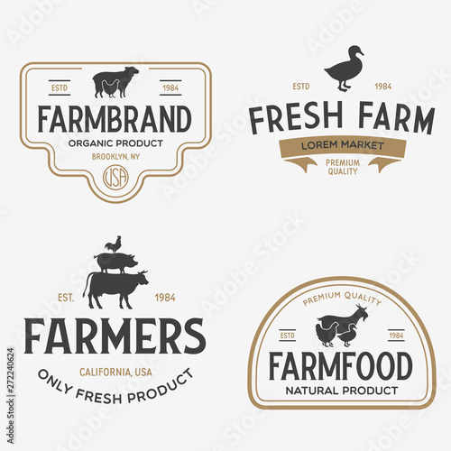 Farmers market logo templates stamps labels badges set. Trendy retro style logotypes, farm natural organic products food, animals, beef, goat, hen and pig silhouettes.
