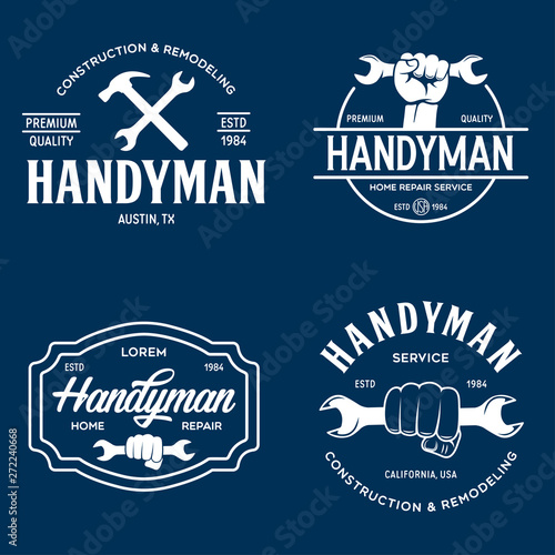 Handyman labels badges emblems and design elements. Tools silhouettes. Carpentry related vector vintage illustration.