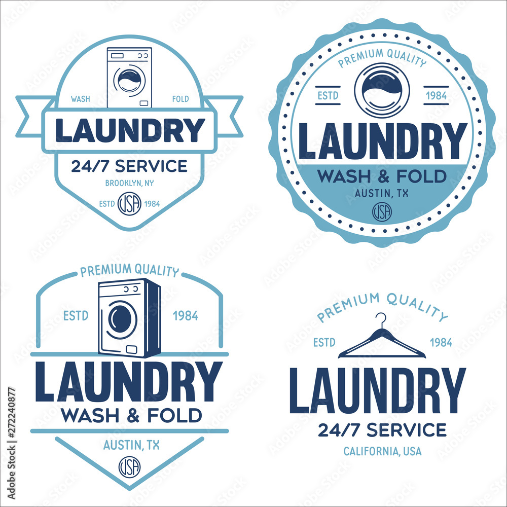 Fototapeta premium Set of labels or logos for laundry service. Vector emblems and design elements. Laundry logo and household wash templates and badges.