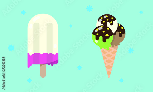 Two kinds of ice cream. Flat illustration, sweets, summer, heat, dessert. © Yevheniia Babachenko