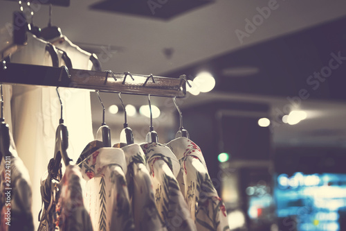 Women clothes in shopping mall. Fashion store. Fashion clothes. Women clothing.