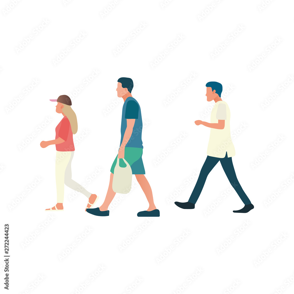 Person walking relax with isolated white background.Flat design people walk.Male and female cartoon walking Person walking relax with isolated white background.Flat design people walk.Male and female cartoon walking