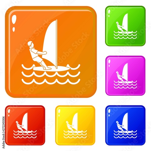 Man on windsurf icons set collection vector 6 color isolated on white background