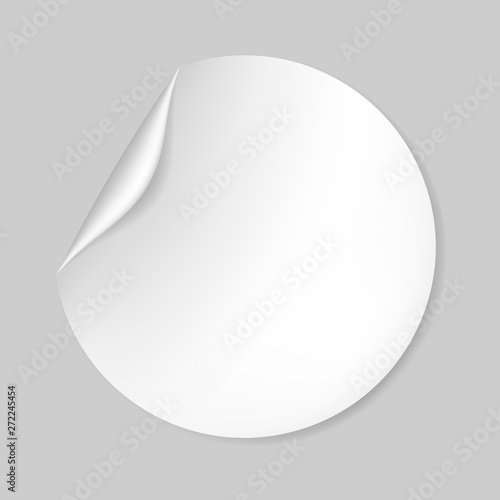 Round blank white paper sticker with peeled off corner, vector mock-up