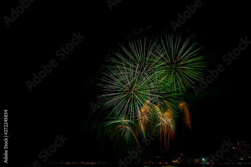 Beautiful colorful fireworks display on the sea beach, Amazing holiday fireworks party or any celebration event in the dark sky.