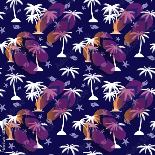 Seamless pattern palm tree, cockleshell and sandals for the beach on a blue background