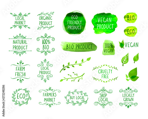 Vector Set of Hand Drawn Design Elements, Eco Natural Product, Farmers Market, Green Watercolor Drawings, Isolated.