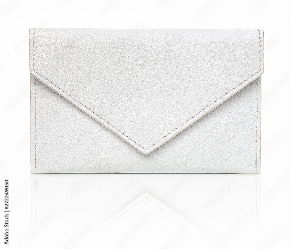 White luxury envelope-shaped wallet, made from goatskin. Isolated on white  background with shadow reflection. Small, flat leather case for personal  items. Pocket-sized small bag. White goatskin purse. foto de Stock | Adobe