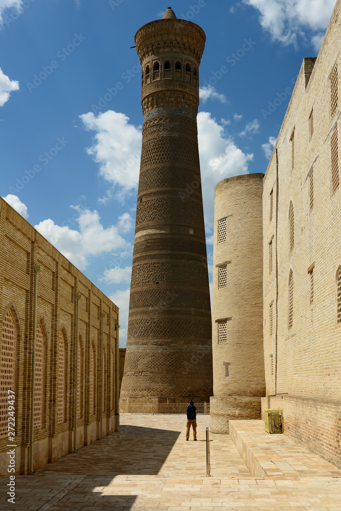 The tourist is making the photograph of the Kalyan minaret in Bukhara, Uzbekistan.